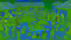 Os aldeões se reúnem em volta do galinheiro, jogando comida e cutucando o velho com enormes asas.