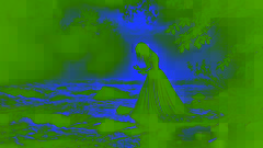 María se encuentra en la orilla del río, sumida en la desesperación. La niebla se eleva del agua y una tenue luna ilumina la escena.
