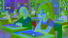 Talia listens to Sam during quiet reading time in the classroom.