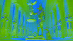 Anubis se encuentra junto a las balanzas en la ceremonia de la Pesada del Corazón, mientras Thoth registra los resultados en un gran salón.
