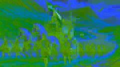 La reina Medb conduce su ejército a través de las colinas irlandesas, montada en un carro real, rodeada de guerreros con armaduras celtas y estandartes ondeando.
