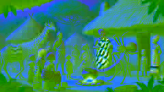 Anansi, la araña, conversa con los aldeanos mientras atan un hilo alrededor de una olla de cocina en un animado ambiente del pueblo. La escena está llena de risas y charlas, y el olor de la comida cocinándose se mezcla con el bullicio de la vida cotidiana.
