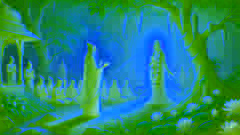 La tranquila partida de Kamadhenu, con el sabio Vasishta orando a su lado, rodeada de discípulos en un exuberante entorno de ashram.
