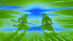Kozi-Korpesh and Khodzhar duel on the steppes at sunrise, their weapons clashing in a battle of honor and love.