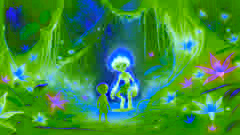 Young Kai, awestruck, meets the Curupira in a magical Amazon grove with glowing flowers and luminescent creatures.