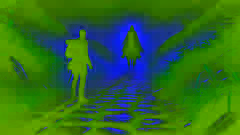 Um viajante solitário em uma estrada enevoada olha para trás com medo enquanto uma figura sombria do Dullahan se aproxima à distância.