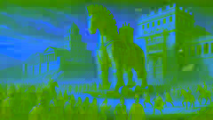 O Cavalo de Troia é puxado para dentro da cidade de Troia enquanto cidadãos e soldados celebram sua aparente vitória.