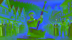 Arturo saca Excalibur de la piedra en una plaza medieval mientras los habitantes del pueblo observan con asombro.