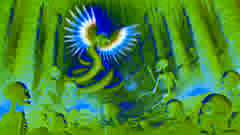 Quetzalcoatl im Mictlan, der heilige Knochen trägt, umgeben von skelettartigen Wächtern und einem schattenhaften Labyrinth.