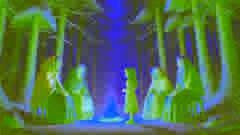 La niña se encuentra frente a tres ancianas sabias en un bosque encantado cubierto de nieve, con un pequeño fuego ardiendo cerca.