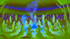 Des esprits ancestraux et des humains participent à une cérémonie sacrée de corroboree autour d'un feu, rendant hommage au Temps du Rêve.