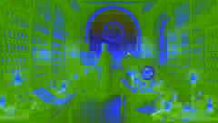 An alchemist in a workshop filled with books, charts, and glowing orbs in a mystic setting with a view of the stars.
