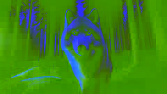 The Lupine Wolf, with silver fur and glowing amber eyes, stands in a forest clearing under the faint moonlight.