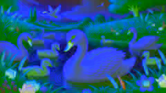 Der einst graue Entlein, nun ein wunderschöner weißer Schwan, schwimmt glücklich unter anderen Schwänen in einem ruhigen See.