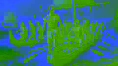 Guerreiros Caribes se preparando para um ataque em canoas, enquanto as ondas quebram na costa.