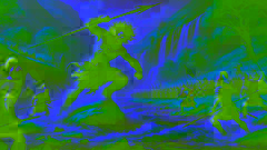 Cú Chulainn en feroz combate con un guerrero de Connacht en un vado del río, rodeado de exuberante vegetación y agua.