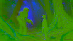 Jara meets the tall, glowing-eyed Turramulli spirit in a dimly lit forest clearing.