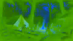 Entdecker versammeln sich um ein Lagerfeuer in einer kleinen Lichtung, während ihre Zelte von hohen Bäumen im Dschungel umgeben sind.