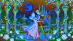 Cenicienta y el Príncipe bailan bajo las estrellas en el jardín del palacio.