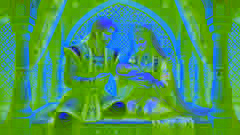 Zal y Rudaba contemplan con amor a su recién nacido, Rostam, en el interior de un palacio persa ricamente decorado.