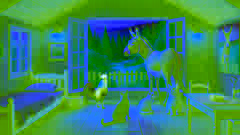 Animals looking out the window of their cozy home into the lush forest, appearing content and peaceful.