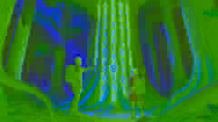 A massive oak tree with glowing runes surrounded by dense forest; two figures examine the markings with curiosity.