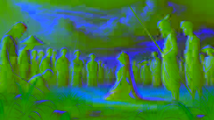 Mahsuri se arrodilla en el campo durante su ejecución, mientras los aldeanos observan con pesar, bajo un cielo tormentoso.