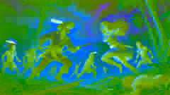 Yara, the leader of the Icamiabas, battles Rodrigo de Escobar in a jungle clearing during a thunderstorm.