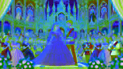 La grandiosa ceremonia de boda de Cenicienta y el Príncipe en el palacio.