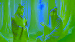 El emperador Zhao consulta con un anciano ermitaño en un tranquilo claro del bosque al atardecer.