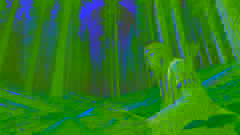 Chayton se abre paso a través de un denso bosque al pie de una imponente montaña, mostrando una gran determinación.