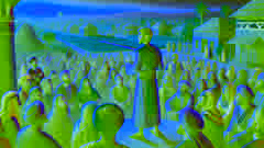 Khem shares the wisdom he gained with villagers, standing in the center of the village surrounded by attentive listeners.