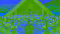 A Māori tribe performing a ceremonial haka at a marae, with wooden carvings and traditional clothing.