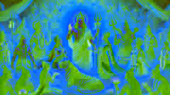 Vishnu bendiciendo la unión de Shiva y Parvati, con seres celestiales atestiguando el momento, mientras flores caen del cielo.