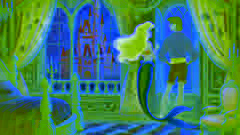 Ariel with legs, wearing fine clothes, standing in Prince Eric's castle, looking out of a window longingly.