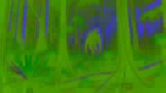 Der Yowie schleicht lautlos durch den dichten australischen Wald in der Dämmerung, seine leuchtenden Augen verschmelzen mit den Schatten der Bäume.