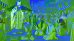 Saint Nicholas intervening to save three falsely accused men in the lively marketplace of ancient Myra