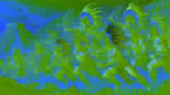 Guerreros mexicas en batalla, ataviados con armadura tradicional, con un paisaje accidentado de fondo.