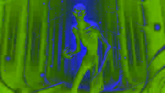 Der abgemagerte Wendigo steht in einem dunklen, verschneiten Wald. Seine hohlen Augen und sein skelettartiger Körper strahlen Verzweiflung aus.