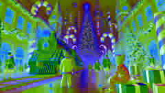 O Expresso Polar chega ao Pólo Norte, revelando uma estação iluminada repleta de elfos, bastões de doce e uma árvore de Natal.