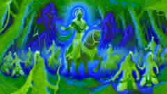 Kamadhenu, la vaca sagrada, se alza en toda su majestuosidad, sus ojos brillando con un poder celestial. Con un suave mugido, comienza a invocar a un ejército celestial, un esplendor de guerreros dorados que descienden del cielo, las armaduras reluciendo bajo la luz del sol. Al mismo tiempo, el ashram se llena de energía vibrante, mientras los monjes, en meditación profunda, sienten la llegada de esta fuerza protectora.

Por otro lado, en el horizonte, el rey Vishwamitra y sus soldados avanzan con determinación. Equipados con espadas y arcos, se preparan para asediar el ashram que consideran una amenaza para su dominio. Sin embargo, lo que no esperan es la imponente visión de Kamadhenu, cuyas poderosas invocaciones liberan a guerreros míticos, listos para proteger el santuario.

La batalla estalla en un torbellino de luz y sombras. Los guerreros celestiales, con sus alas resplandecientes, se lanzan al combate, enfrentándose a las tropas de Vishwamitra con una gracia sobrenatural. El estruendo de las armas se mezcla con el murmullo de los mantras, creando una sinfonía de lucha y resistencia.

Kamadhenu, con su presencia serena, se mantiene en el corazón del ashram, su energía emanando protección y fuerza, mientras lucha contra las fuerzas del rey. Con cada golpe de espada y cada grito de batalla, el ashram permanece firme, un bastión de sabiduría y fe, indomable ante la ferocidad del ataque.