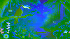 Tico the toucan perched in a lush, rejuvenating Amazon rainforest with vibrant flowers and a flowing river