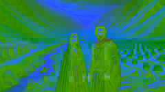 Shirin y Arash en un valle seco con huertos marchitos, preparándose para enfrentar la maldición que amenaza su tierra natal.