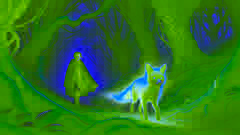 Niamh atraviesa un bosque sombrío guiada por un zorro místico con ojos llameantes, todo bajo una atmósfera mágica y misteriosa.
