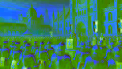 Knights assembling in the grand courtyard of Charlemagne's palace at dawn.