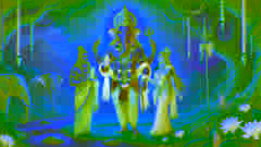 Ganesha, Parvati, and Shiva stand together in a peaceful garden, surrounded by divine light and harmony.