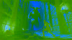  Theseus faces the charging Minotaur deep inside the dark, moss-covered labyrinth, sword in hand.