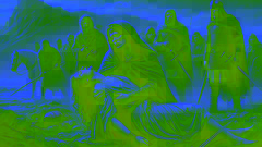 Gráinne sostiene a Diarmuid, que está moribundo, mientras Fionn y sus hombres llegan.