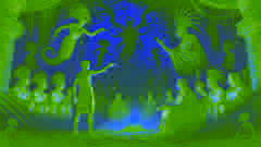 Hunahpú e Xbalanqué, disfarçados de artistas, em pé diante dos senhores derrotados de Xibalba no submundo.