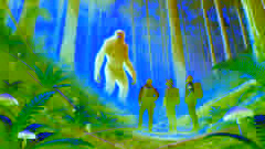 Mark y su equipo se encuentran cara a cara con el Yowie en un claro del bosque durante el día, manteniendo una distancia respetuosa.
